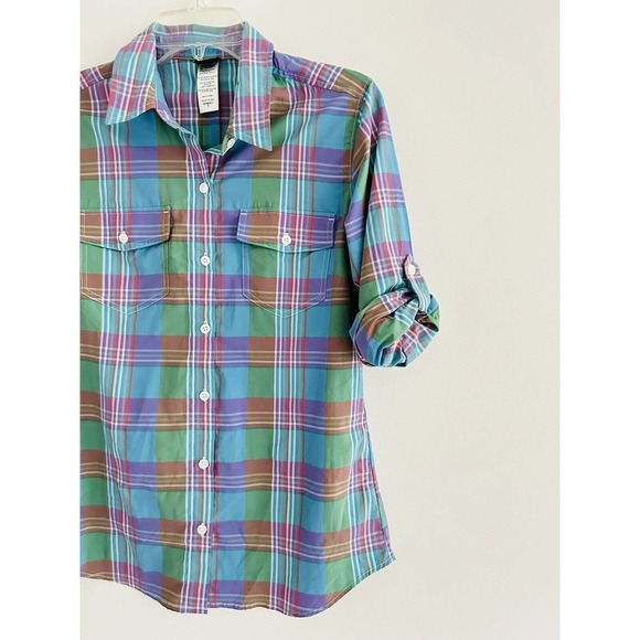 Patagonia | Women's Blue Roll Tab Sleeves Stripe Button Front Plaid Shirt - Picture 4 of 10